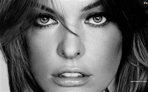 A monochrome picture of American actress, Milla Jovovich